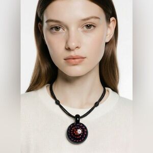 BOHO Chic Blown Round Glass Flower Burst Pendant Adjustable Black Rope Nexklace